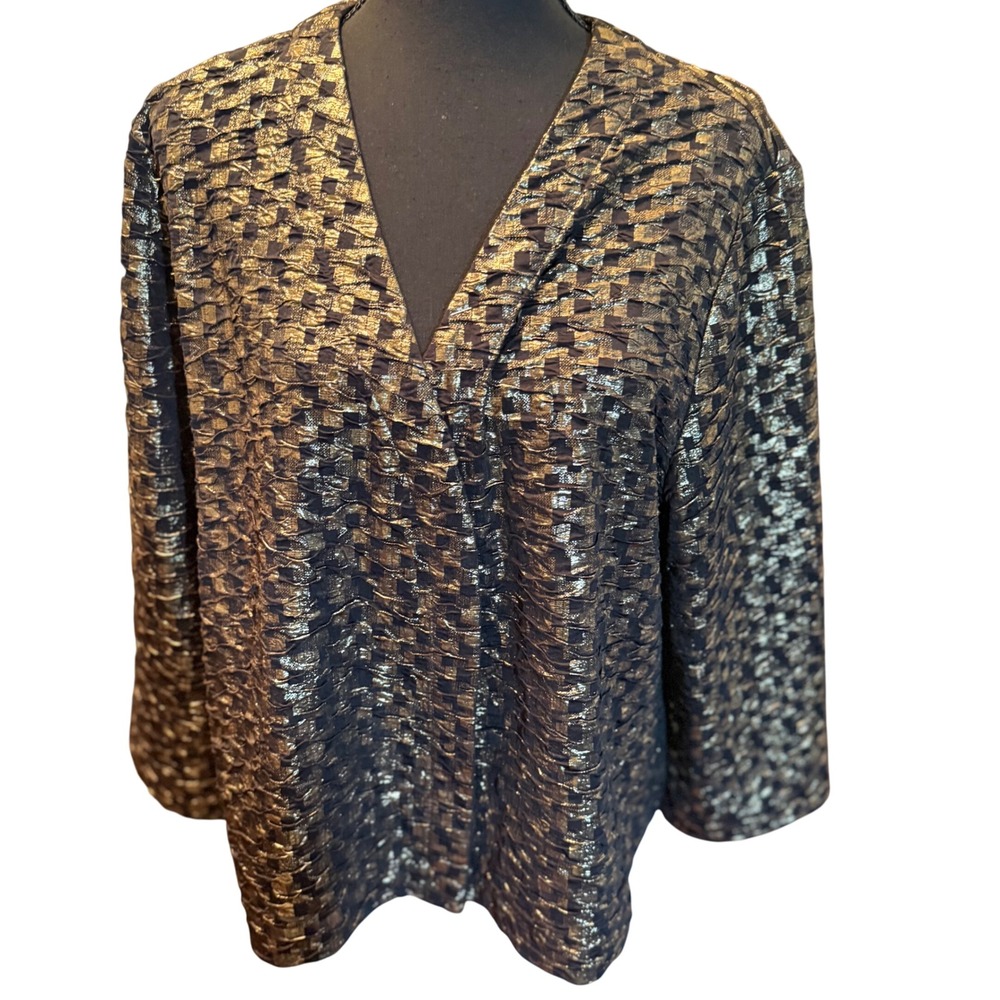 Travelers Collection by Chico's Black Gold Textured Jacquard Woven Top Size 3